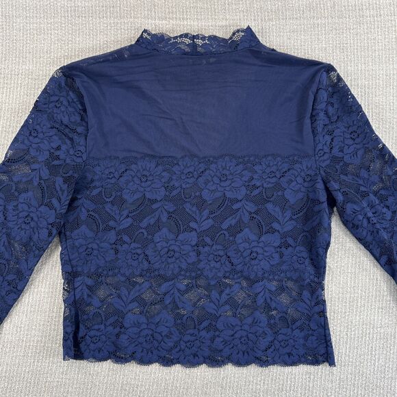 GUESS Navy Blue Lace Crop Holiday Glam Y2K Mock Nk Sheer Fitted Top Fairy Grunge - Picture 5 of 6